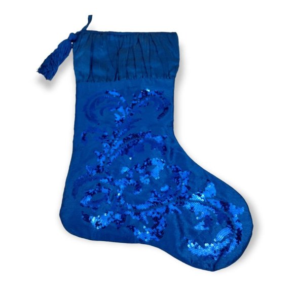 Blue Sequined 17 inch Christmas Stocking with Tassel 2 - Picture 1 of 3